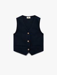 V Yaka Kolsuz Düğmeli Viskon Crop Okul Yeleği