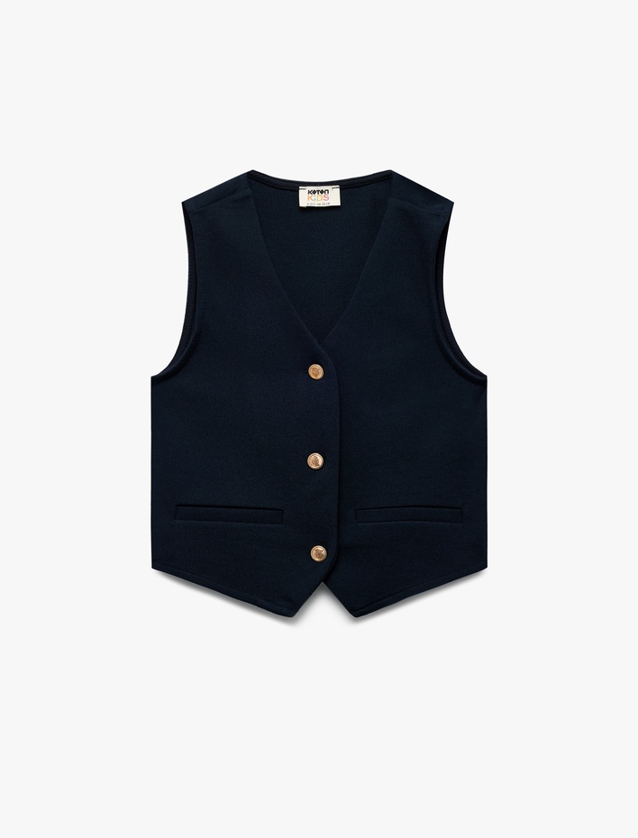 Kız Çocuk V Yaka Kolsuz Düğmeli Viskon Crop Okul Yeleği