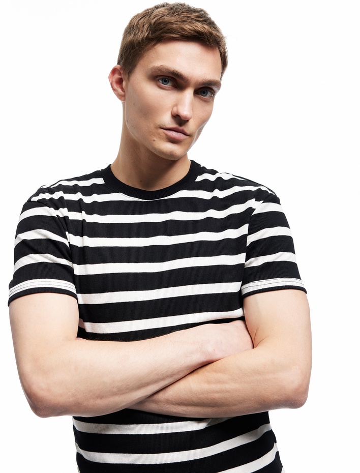  Kısa Kollu Bisiklet Yaka Slim Fit Çizgili Tişört