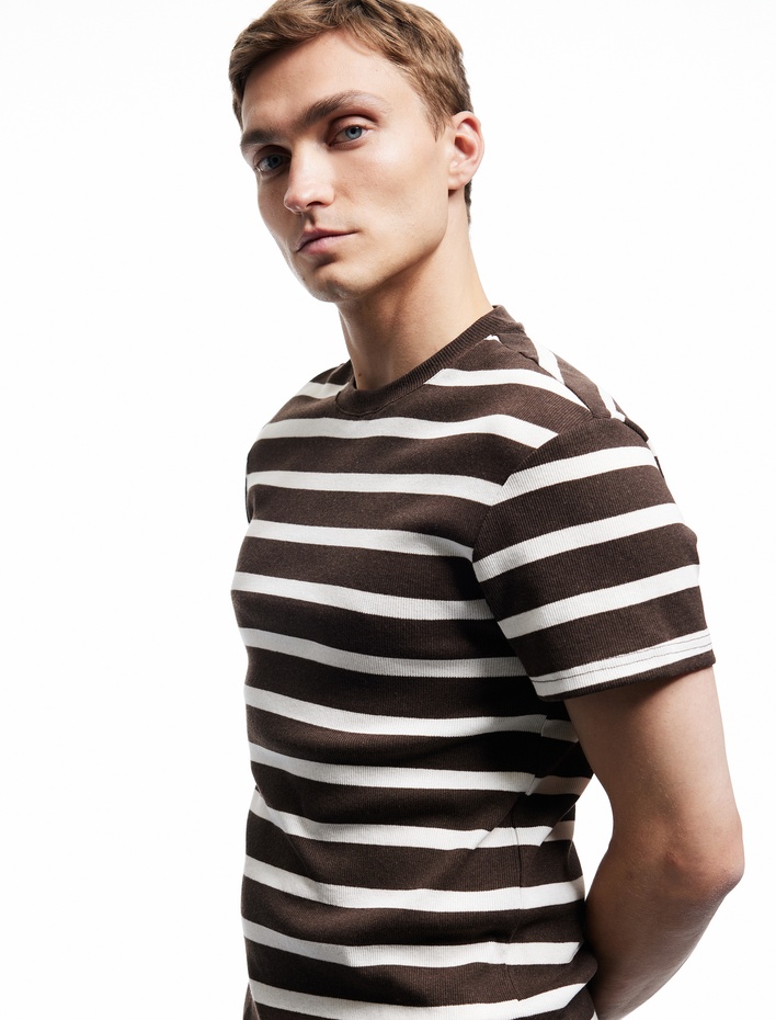  Kısa Kollu Bisiklet Yaka Slim Fit Çizgili Tişört