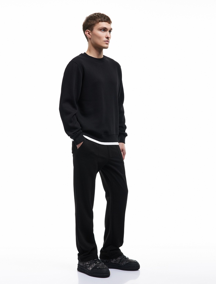  Uzun Kollu Şardonlu Kumaş Detaylı Bisiklet Yaka Sweatshirt