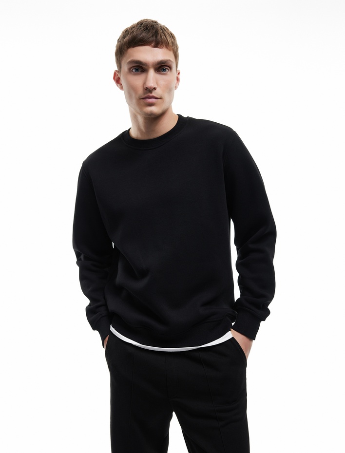  Uzun Kollu Şardonlu Kumaş Detaylı Bisiklet Yaka Sweatshirt