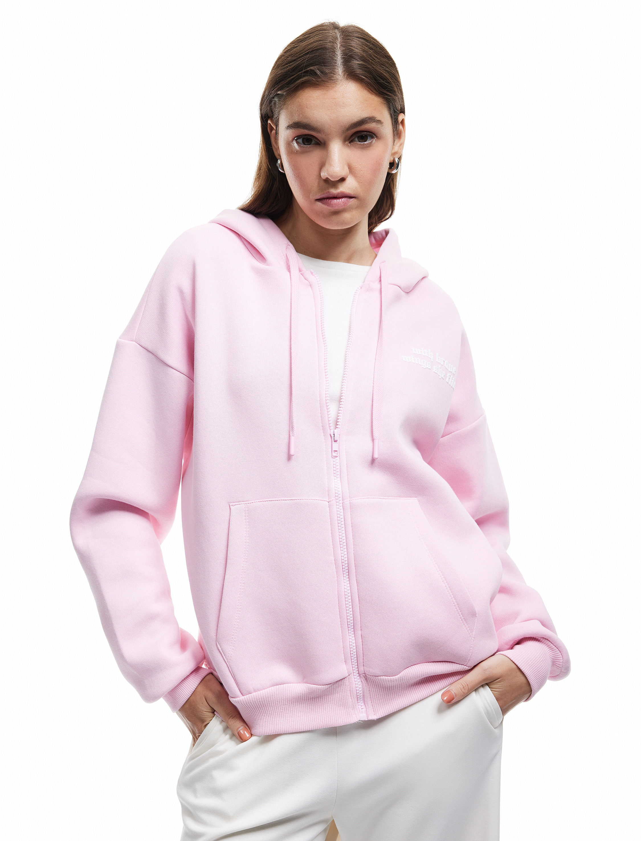 Baskılı Uzun Kollu Şardonlu Kanguru Cepli Fermuarlı Sweatshirt