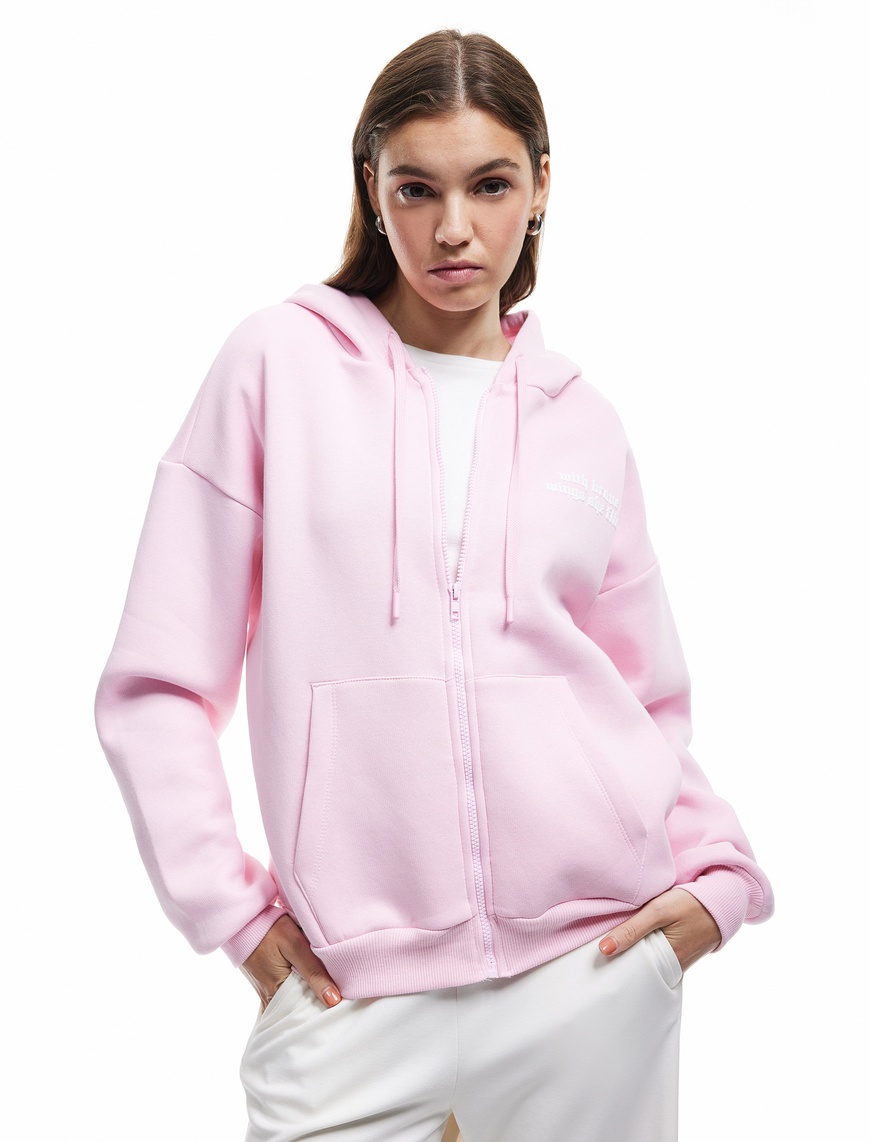   Baskılı Uzun Kollu Şardonlu Kanguru Cepli Fermuarlı Sweatshirt