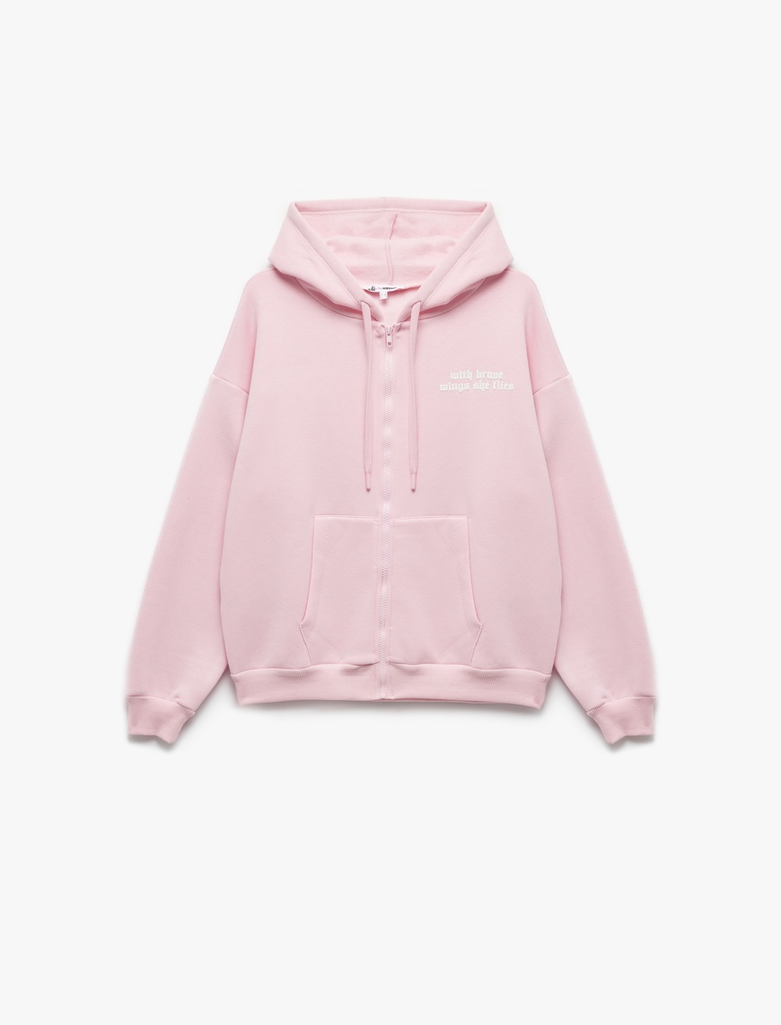   Baskılı Uzun Kollu Şardonlu Kanguru Cepli Fermuarlı Sweatshirt