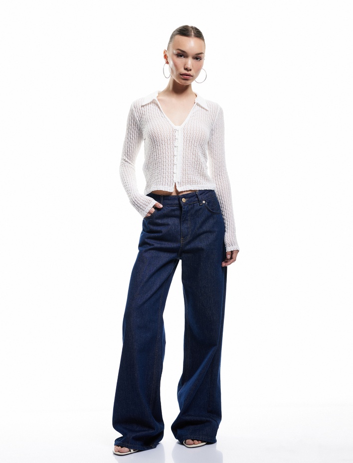  Klasik Yaka Düğmeli Dar Kesim Dantelli Uzun Kollu Tişört