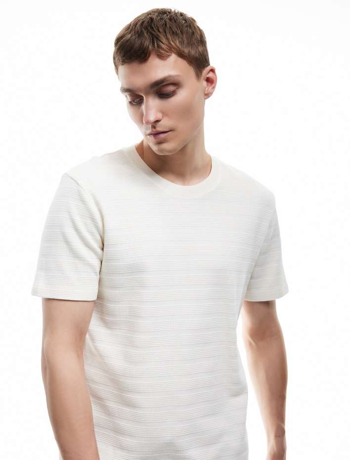  Bisiklet Yaka Dokulu Tok Kumaş Kısa Kollu Pamuklu Slim Fit Tişört