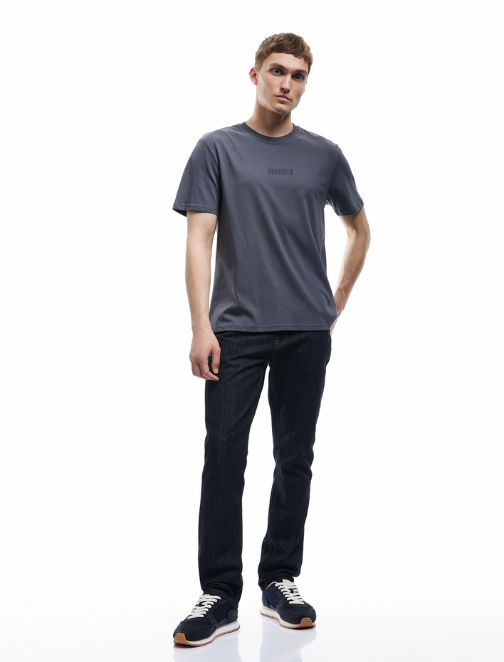  Pamuklu Kısa Kollu Regular Fit Bisiklet Yaka Baskılı Tişört