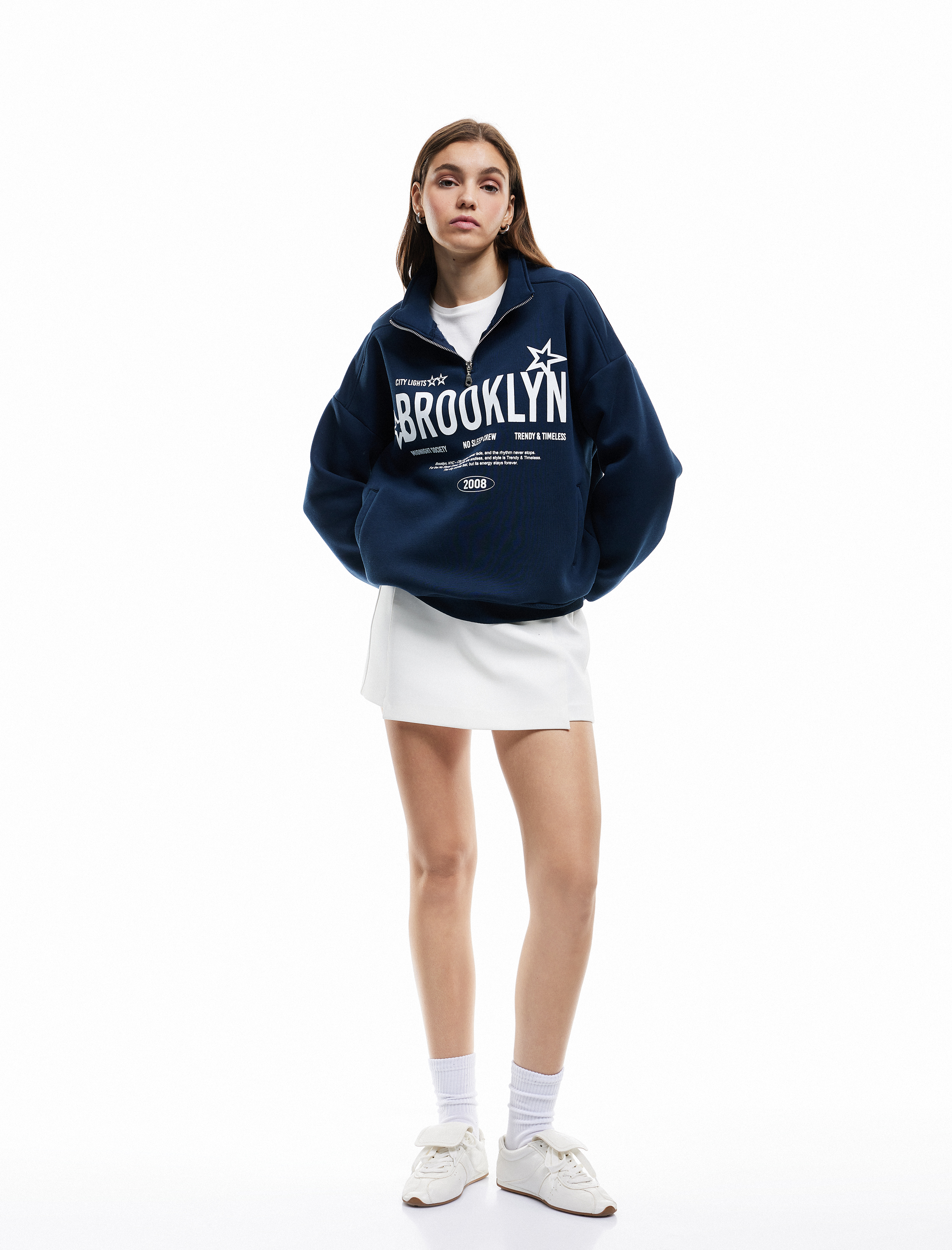   Şardonlu Uzun Kollu Baskılı Yarım Fermuarlı Oversize Sweatshirt