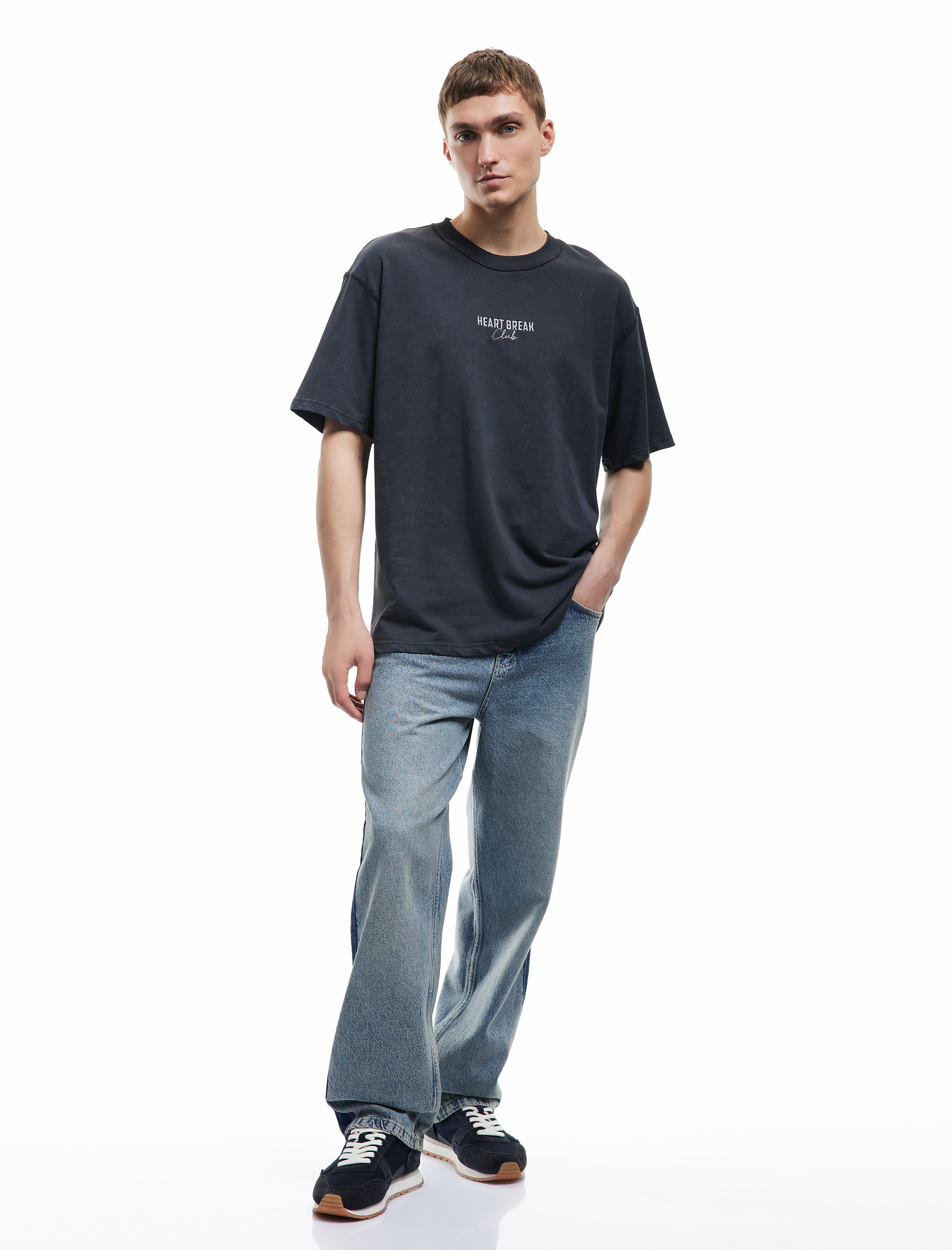   Pamuklu Kısa Kollu Bisiklet Yaka Tok Kumaş Baskılı Yıkamalı Oversize Tişört