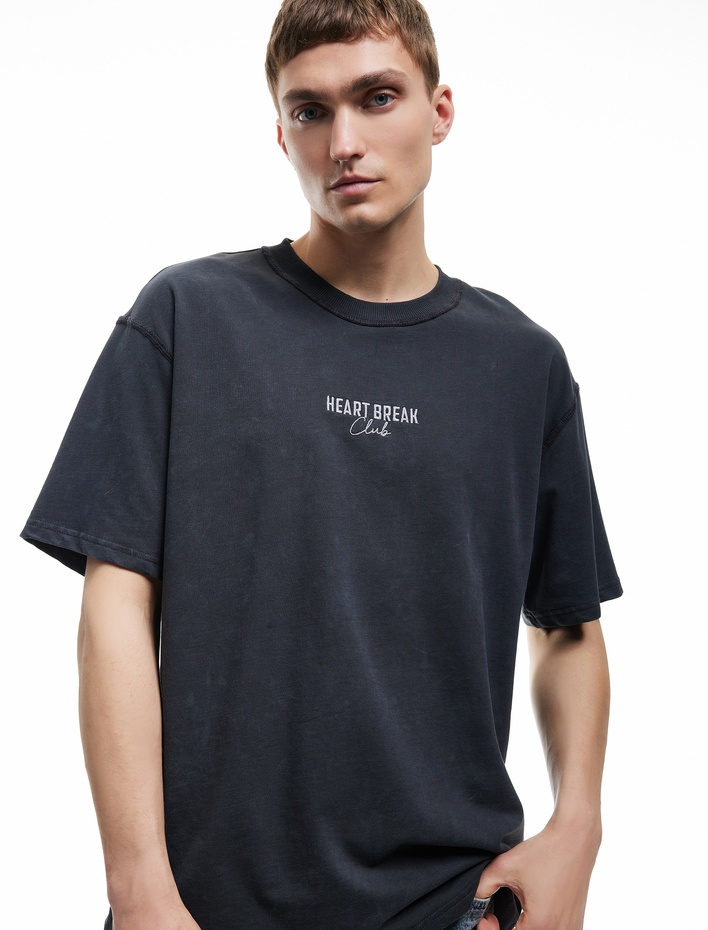  Pamuklu Kısa Kollu Bisiklet Yaka Tok Kumaş Baskılı Yıkamalı Oversize Tişört