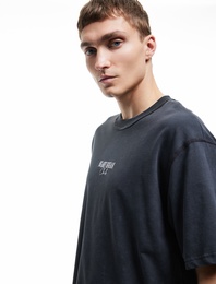 Pamuklu Kısa Kollu Bisiklet Yaka Tok Kumaş Baskılı Yıkamalı Oversize Tişört