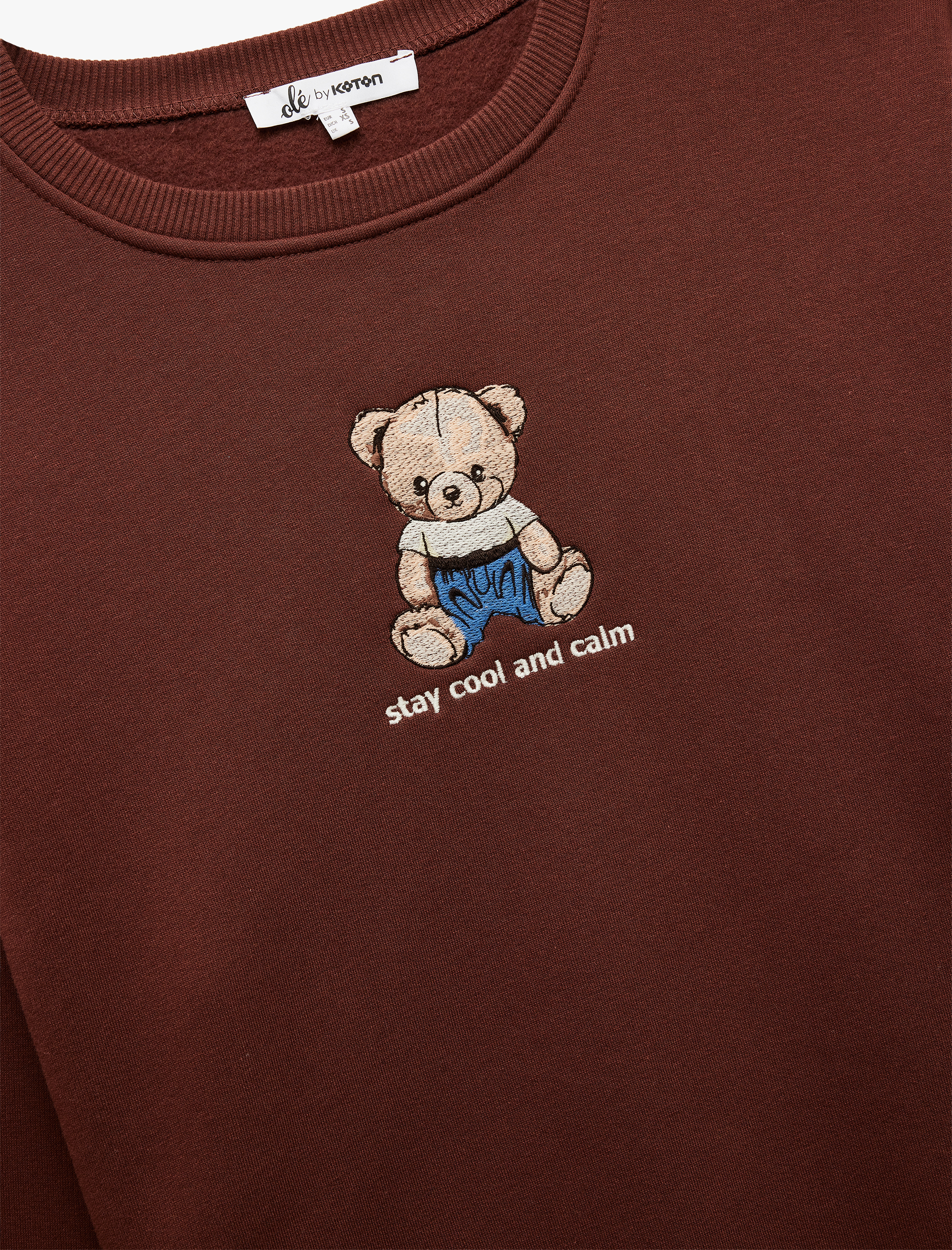   Ayıcık Nakışlı Şardonlu Uzun Kollu Bisiklet Yaka Oversize Sweatshirt