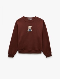Ayıcık Nakışlı Şardonlu Uzun Kollu Bisiklet Yaka Oversize Sweatshirt