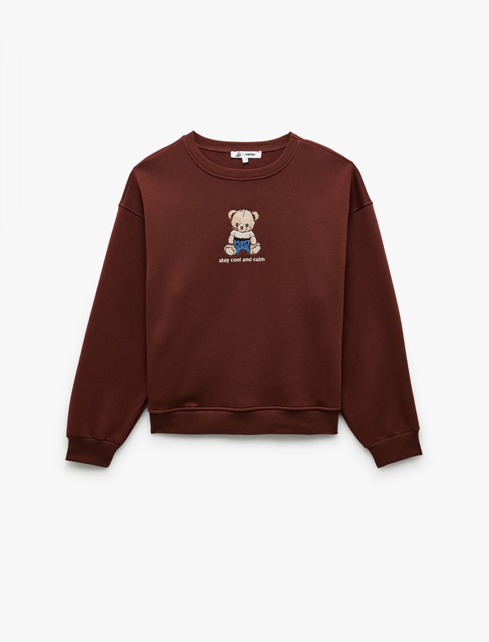  Ayıcık Nakışlı Şardonlu Uzun Kollu Bisiklet Yaka Oversize Sweatshirt