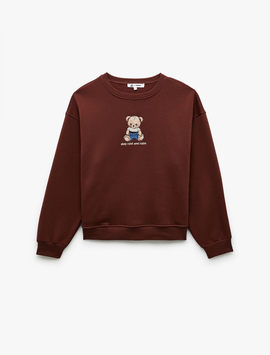   Ayıcık Nakışlı Şardonlu Uzun Kollu Bisiklet Yaka Oversize Sweatshirt