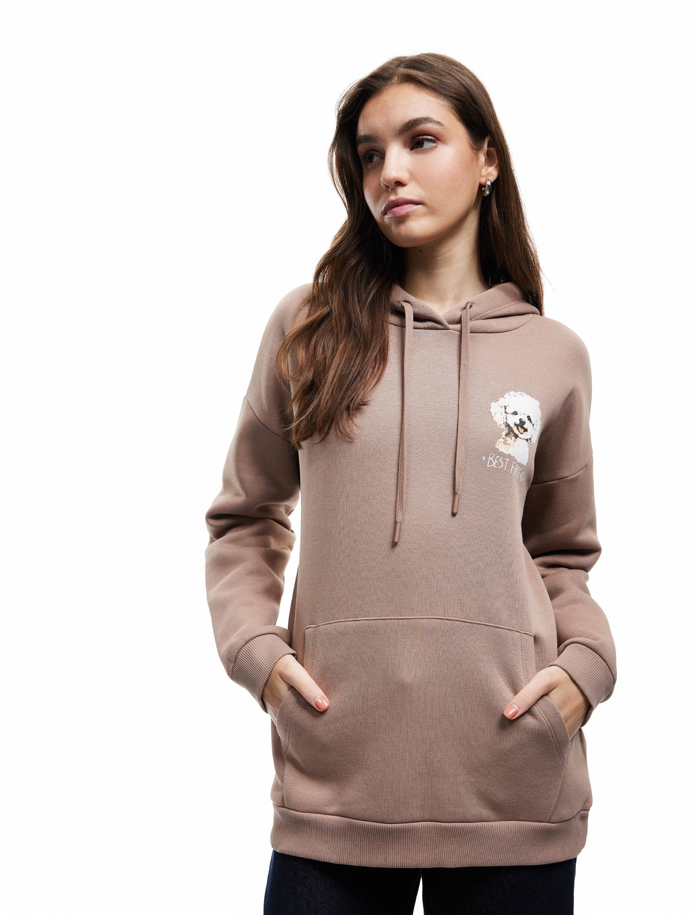   Şardonlu Uzun Kollu Kanguru Cepli Kapüşonlu Arkası Baskılı Oversize Sweatshirt