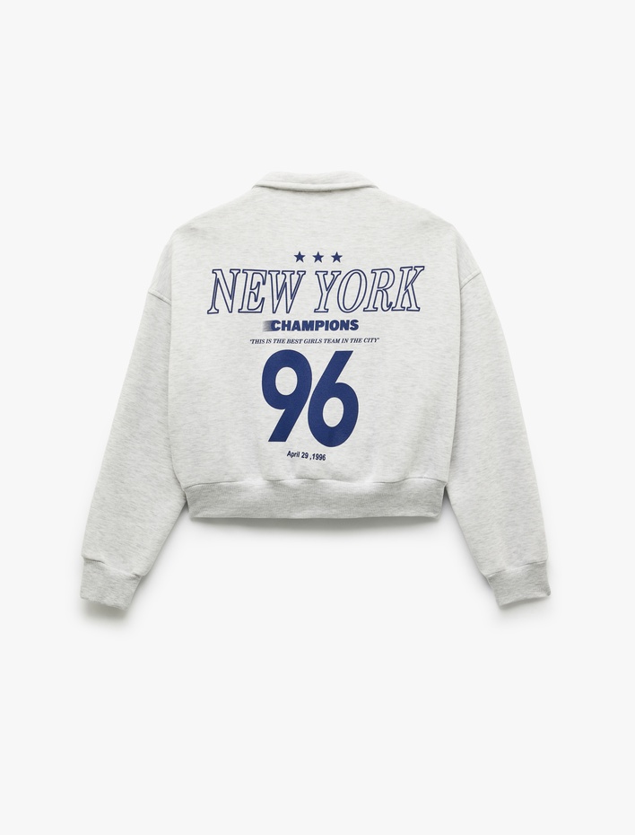  Şardonlu Uzun Kollu Cepli Arkası Baskılı Fermuarlı Sweatshirt