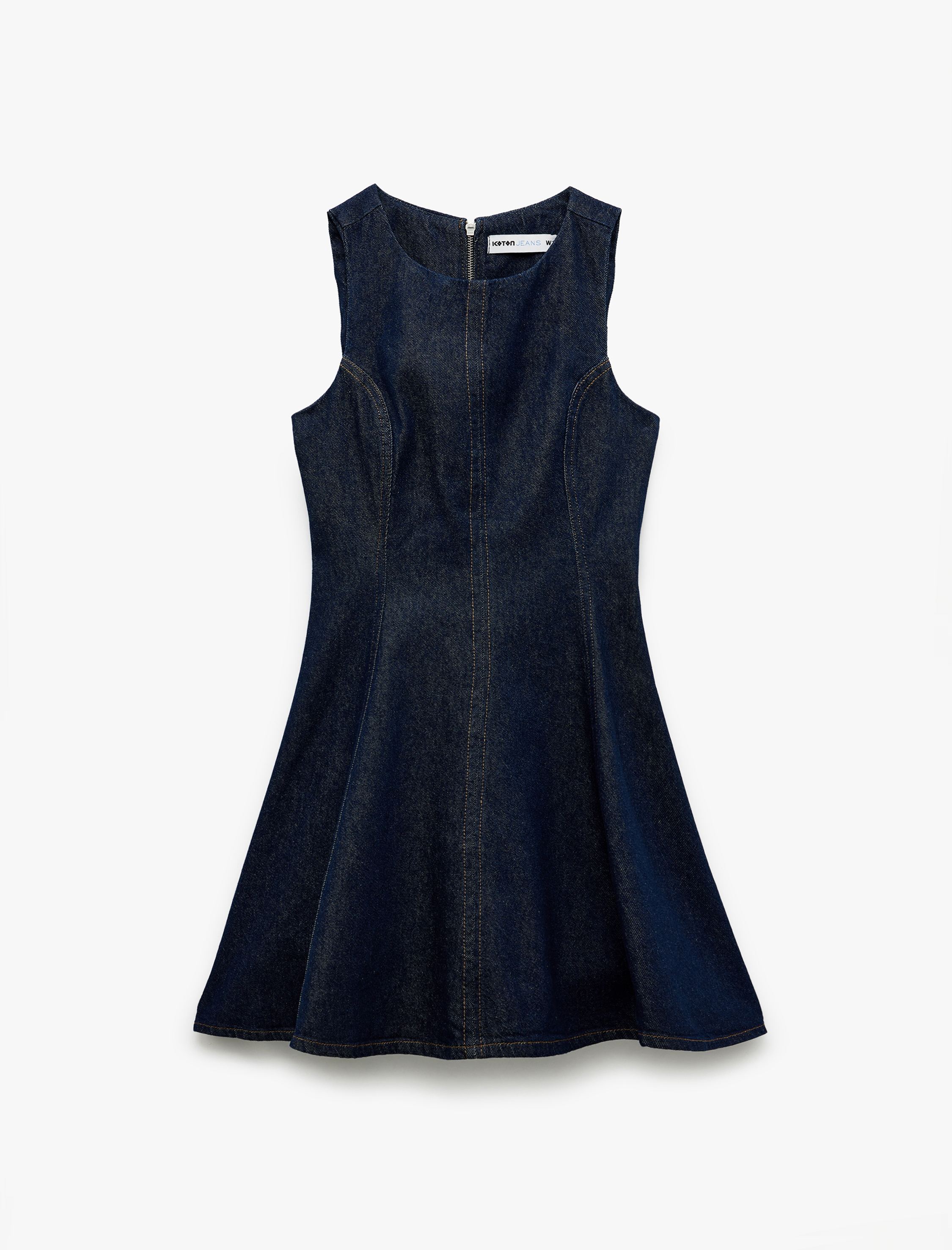   Pamuklu Kolsuz Bisiklet Yaka Mini Denim Elbise