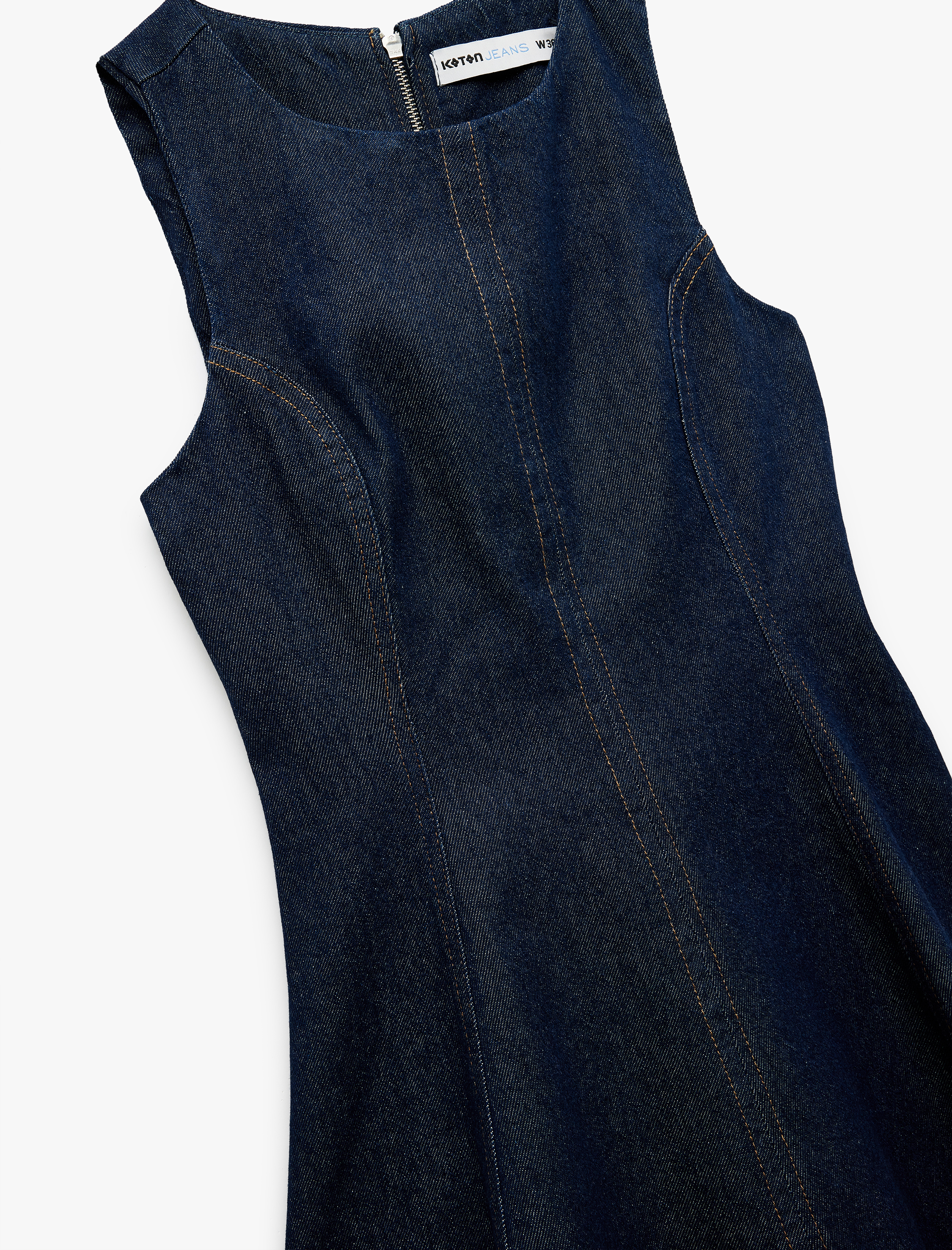   Pamuklu Kolsuz Bisiklet Yaka Mini Denim Elbise