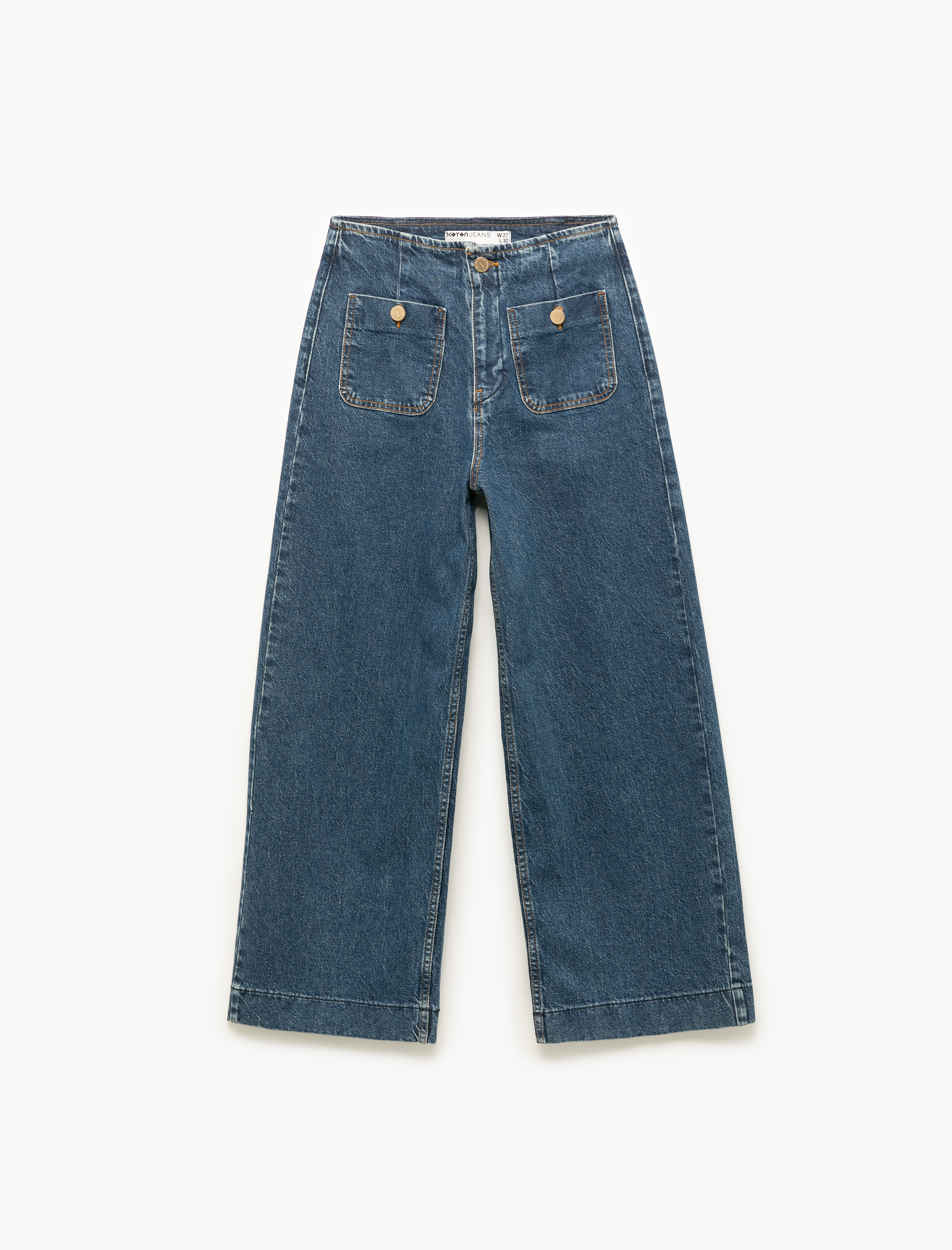   Yüksek Bel Cepli Düğmeli Rahat Kalıp Jean Pantolon - Culotte Jeans