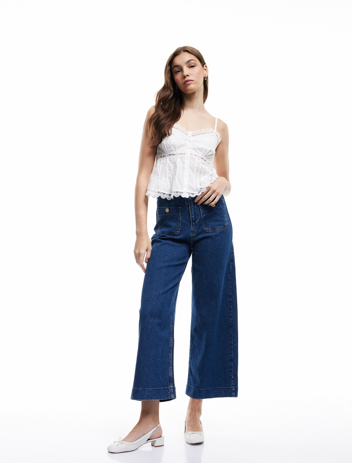  Yüksek Bel Cepli Düğmeli Rahat Kalıp Jean Pantolon - Culotte Jeans