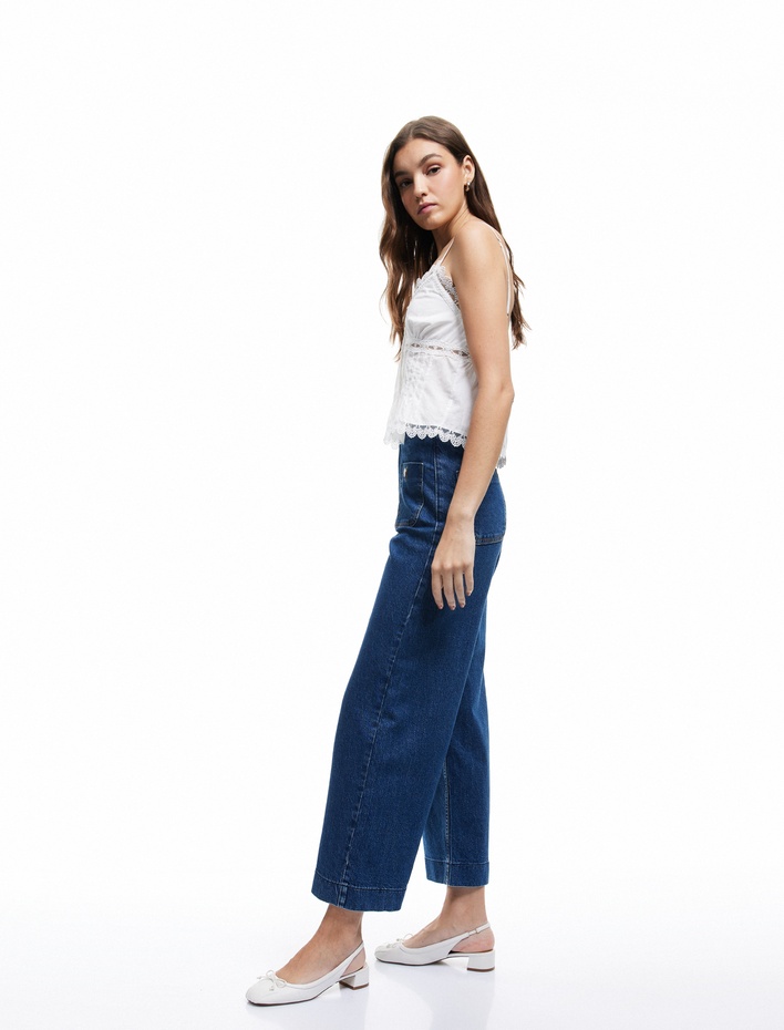 Yüksek Bel Cepli Düğmeli Rahat Kalıp Jean Pantolon - Culotte Jeans