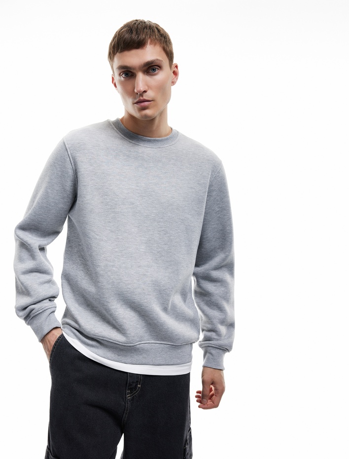  Uzun Kollu Şardonlu Kumaş Detaylı Bisiklet Yaka Sweatshirt