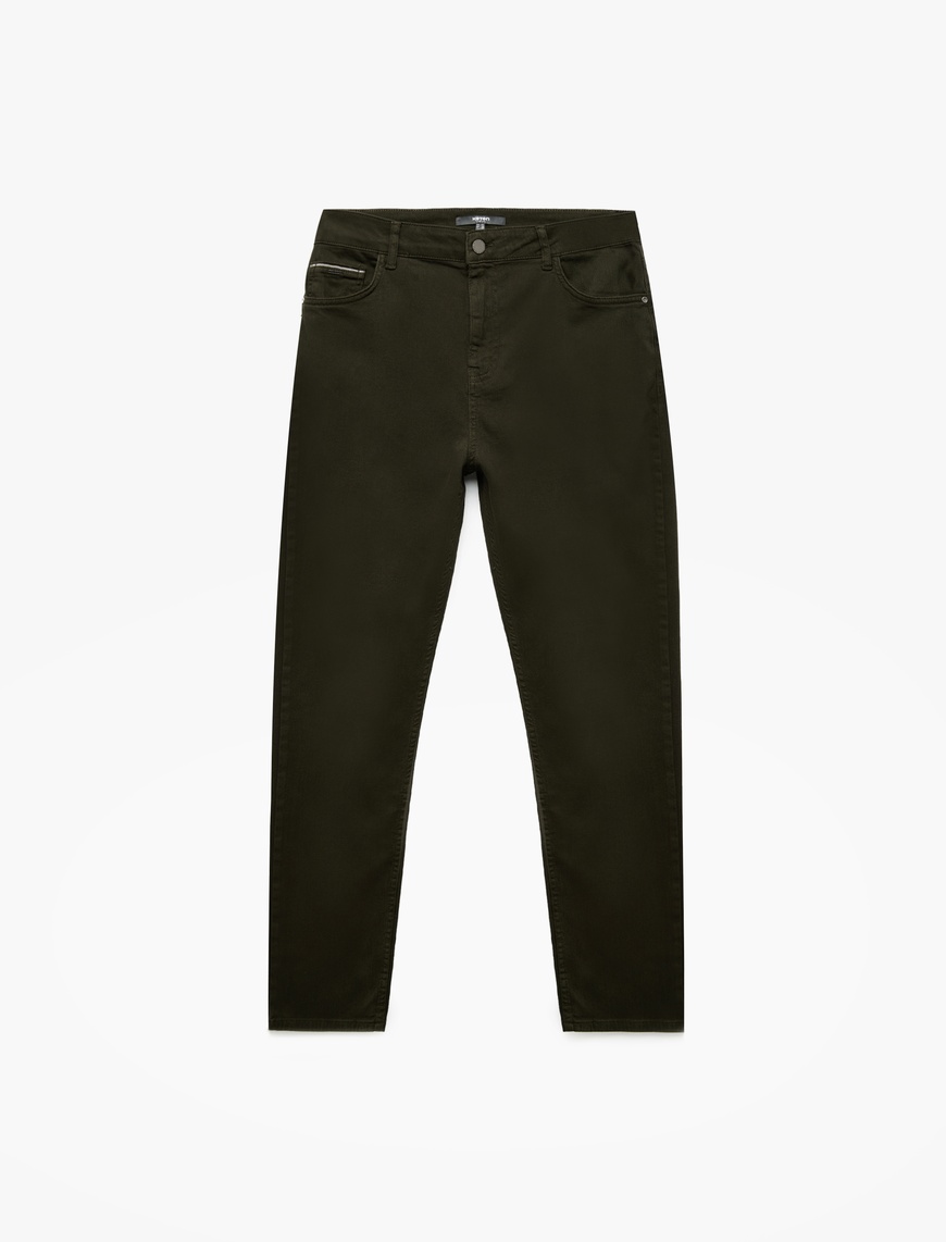   Normal Bel Düğmeli Pamuklu Cep Detaylı Gabardin Pantolon
