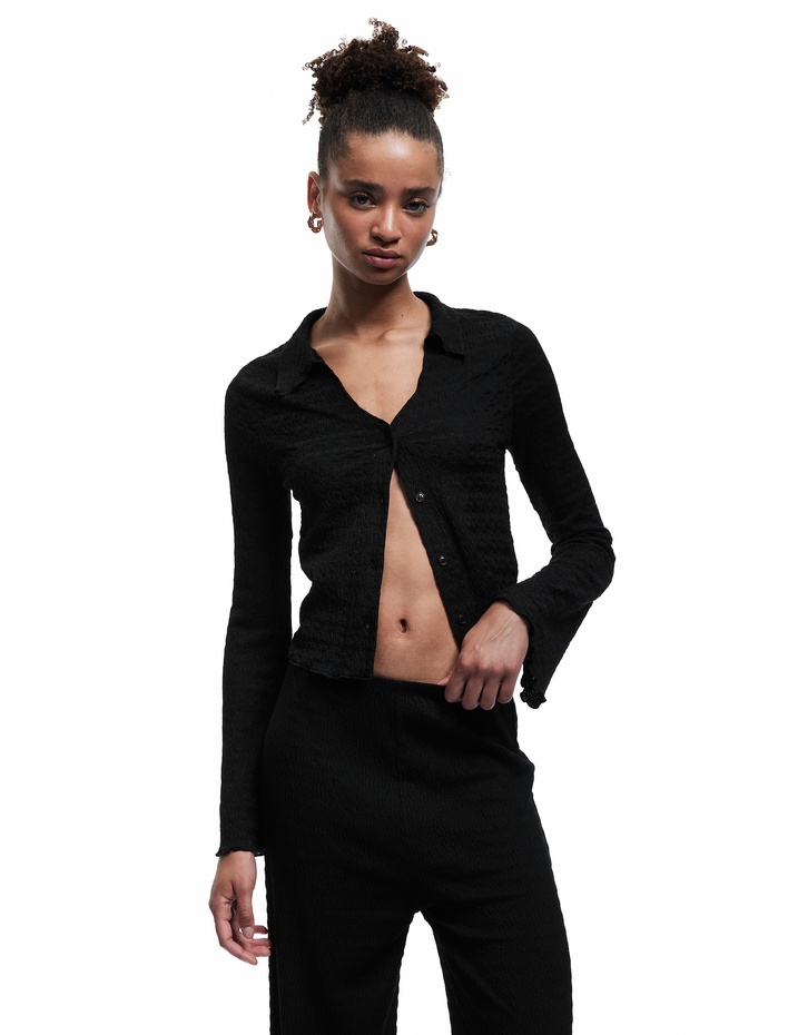  Bürümcük Kumaş Slim Fit Düğmeli Ekstra Uzun İspanyol Kollu Gömlek