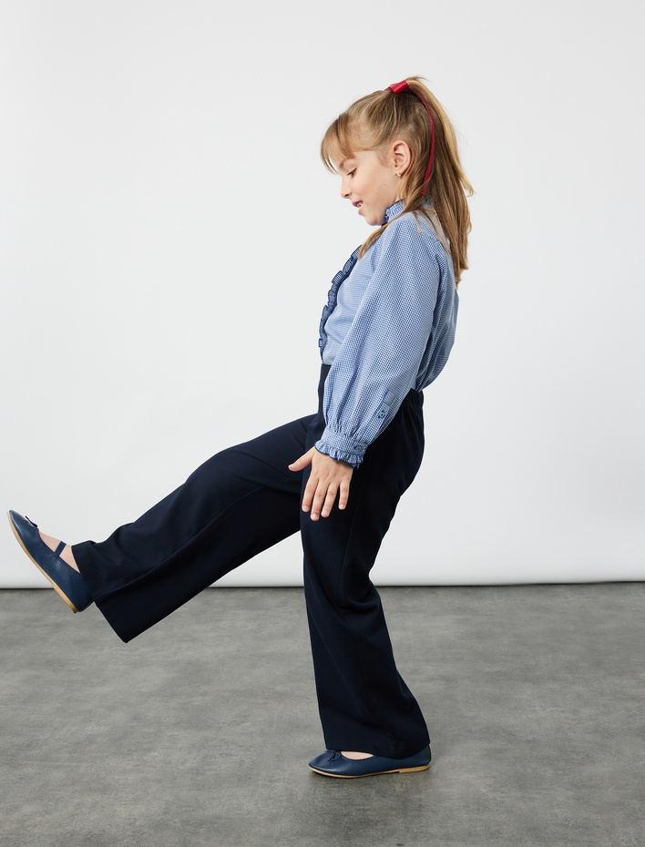 Kız Çocuk Cepli Viskon Karışımlı Bol Kesim Okul Pantolonu