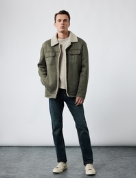 Kapaklı Cepli Çıtçıt Düğme Detaylı Slim Fit İçi Peluş Yaka Suni Süet Ceket