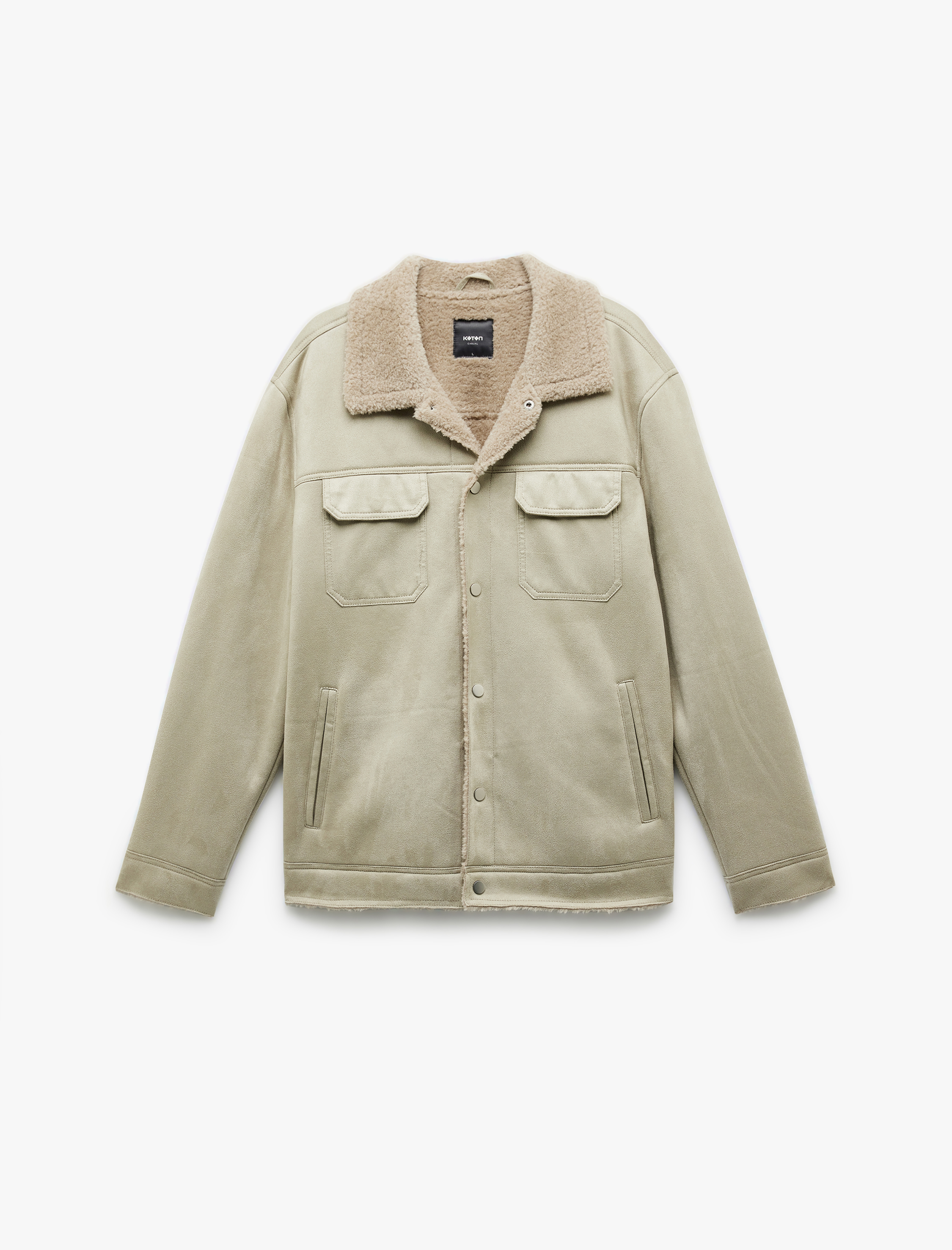   Kapaklı Cepli Çıtçıt Düğme Detaylı Slim Fit İçi Peluş Yaka Suni Süet Ceket