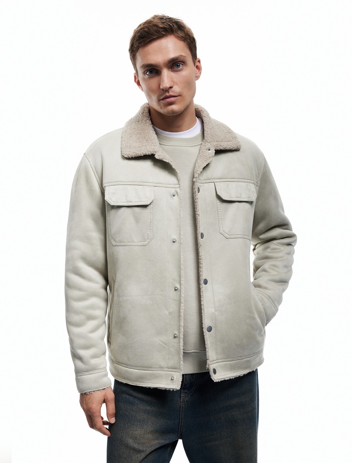  Kapaklı Cepli Çıtçıt Düğme Detaylı Slim Fit İçi Peluş Yaka Suni Süet Ceket