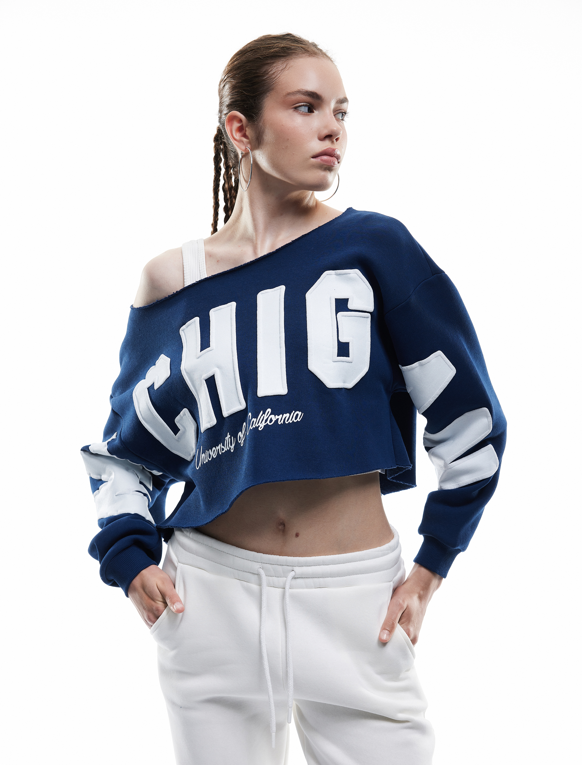   Üç İplik Şardonlu Uzun Kollu Kayık Yaka Baskılı Crop Sweatshirt