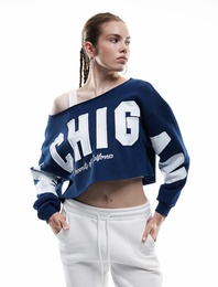 Üç İplik Şardonlu Uzun Kollu Kayık Yaka Baskılı Crop Sweatshirt