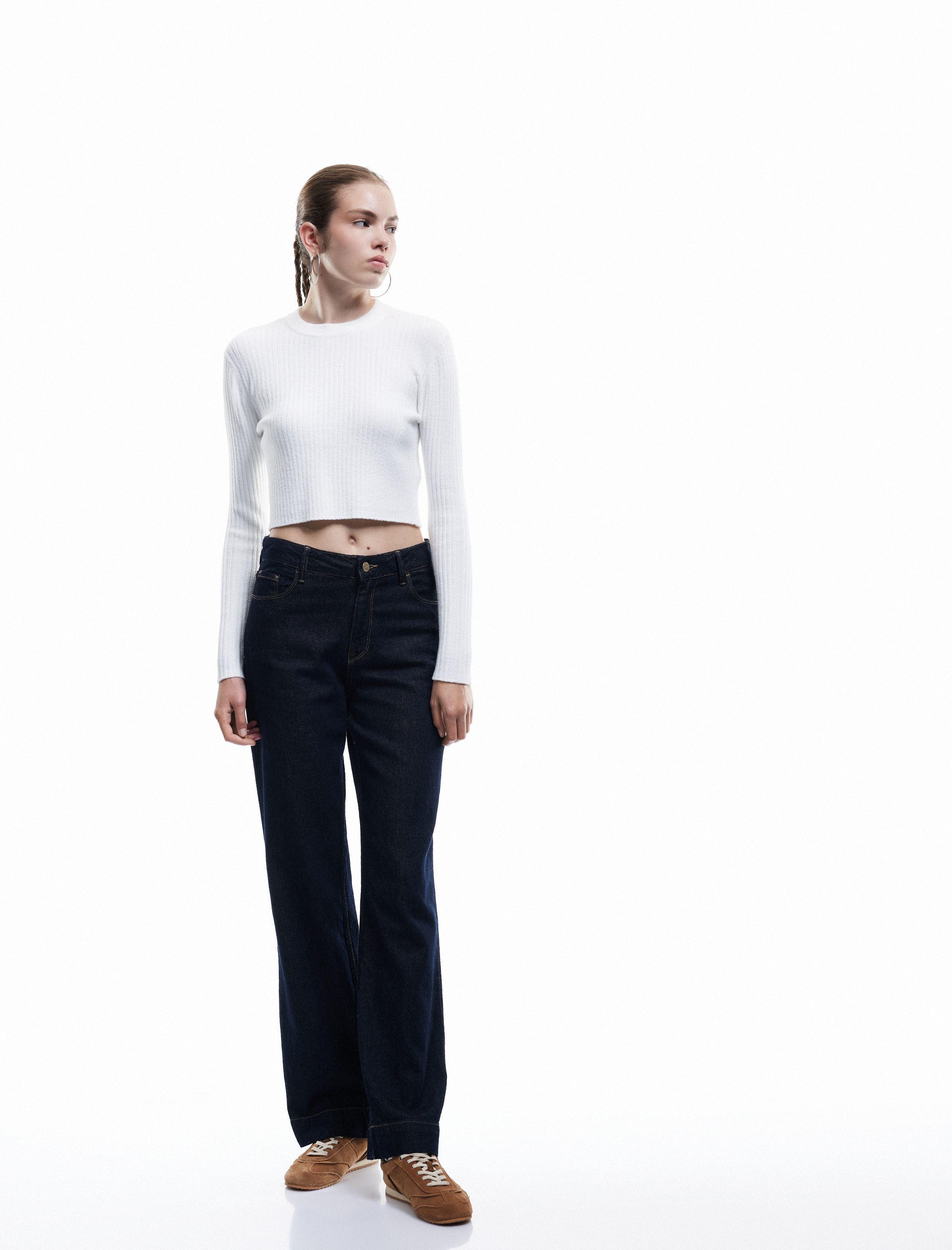 Uzun Kollu Bisiklet Yaka Triko Crop Kazak