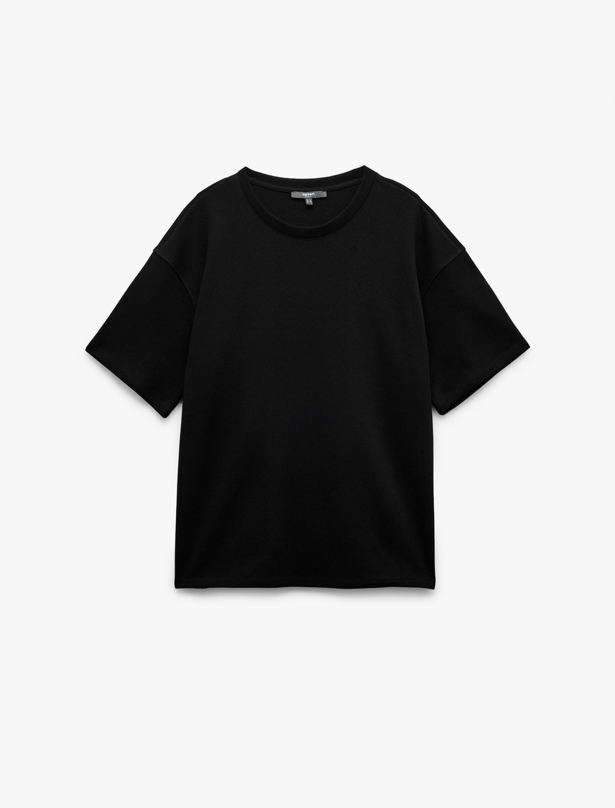   Pamuklu Kısa Kollu Bisiklet Yaka Tok Kumaş Oversize Basic Tişört