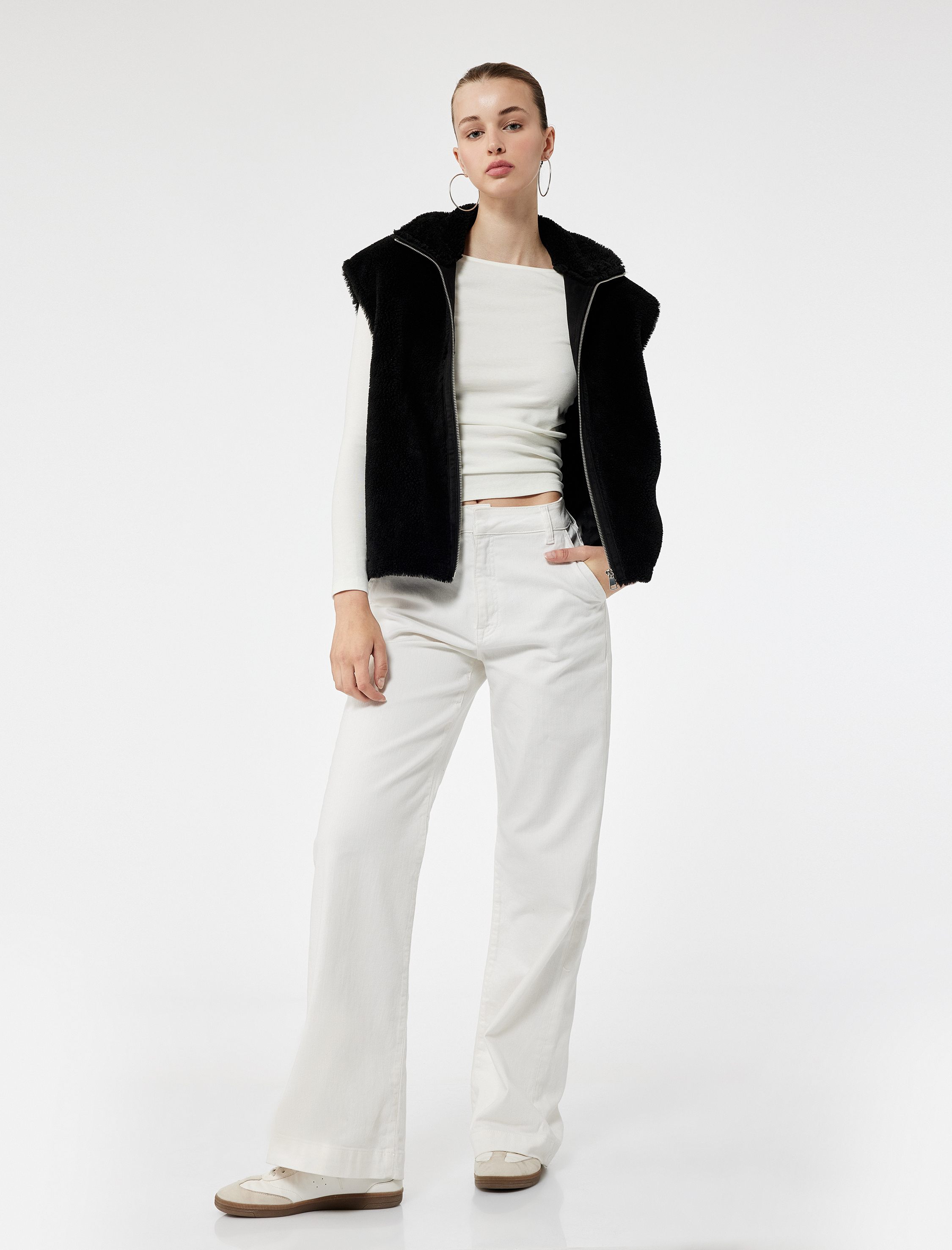   Fermuarlı Uzun Şal Yaka Peluş Yelek