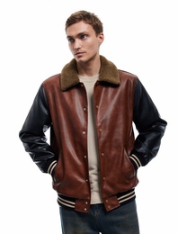 Peluş Yaka Renk Bloklu Çıtçıt Düğmeli Cep Detaylı Suni Deri Bomber Ceket