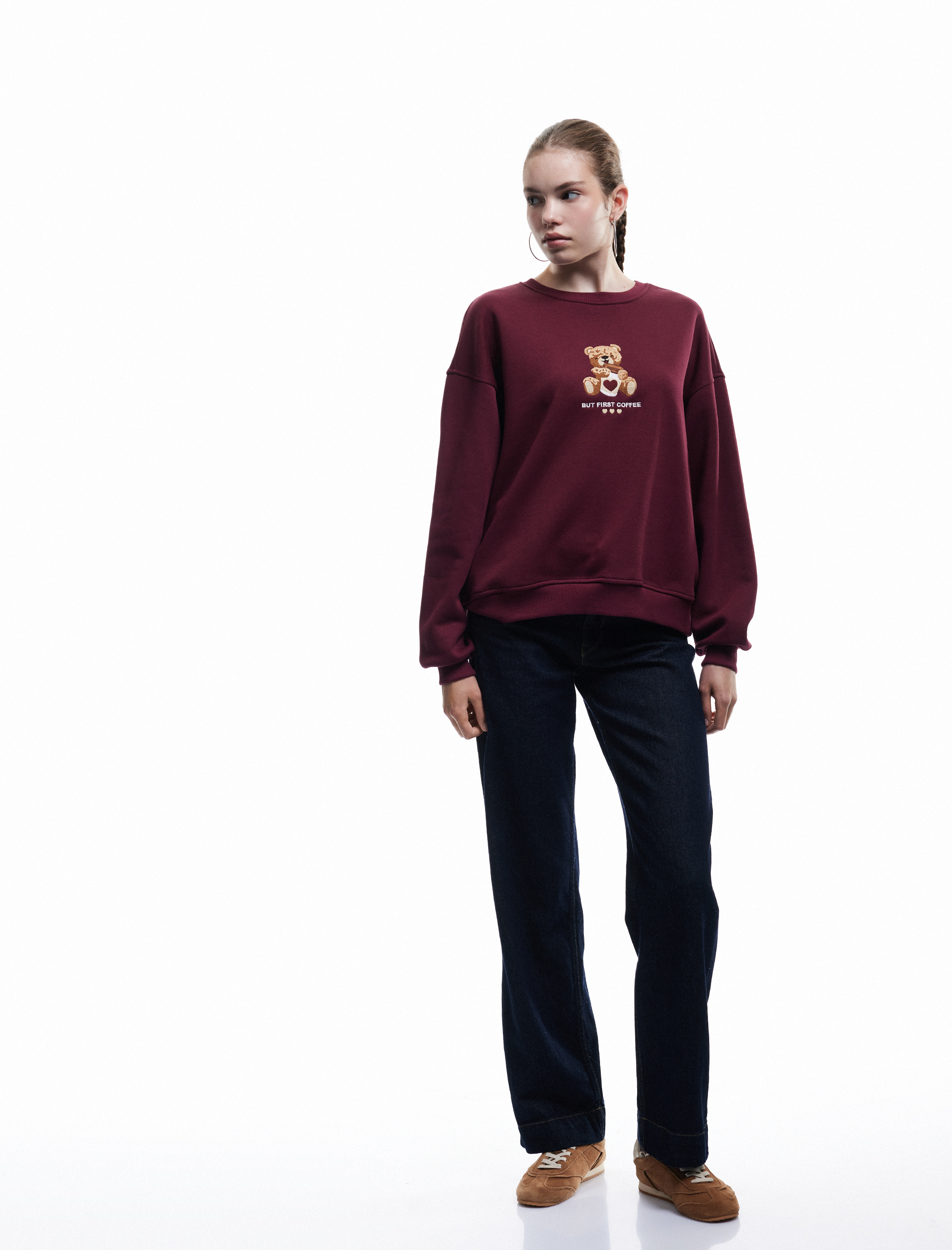   Üç İplik Şardonlu Bisiklet Yaka Ayıcık Nakışlı Oversize Sweatshirt