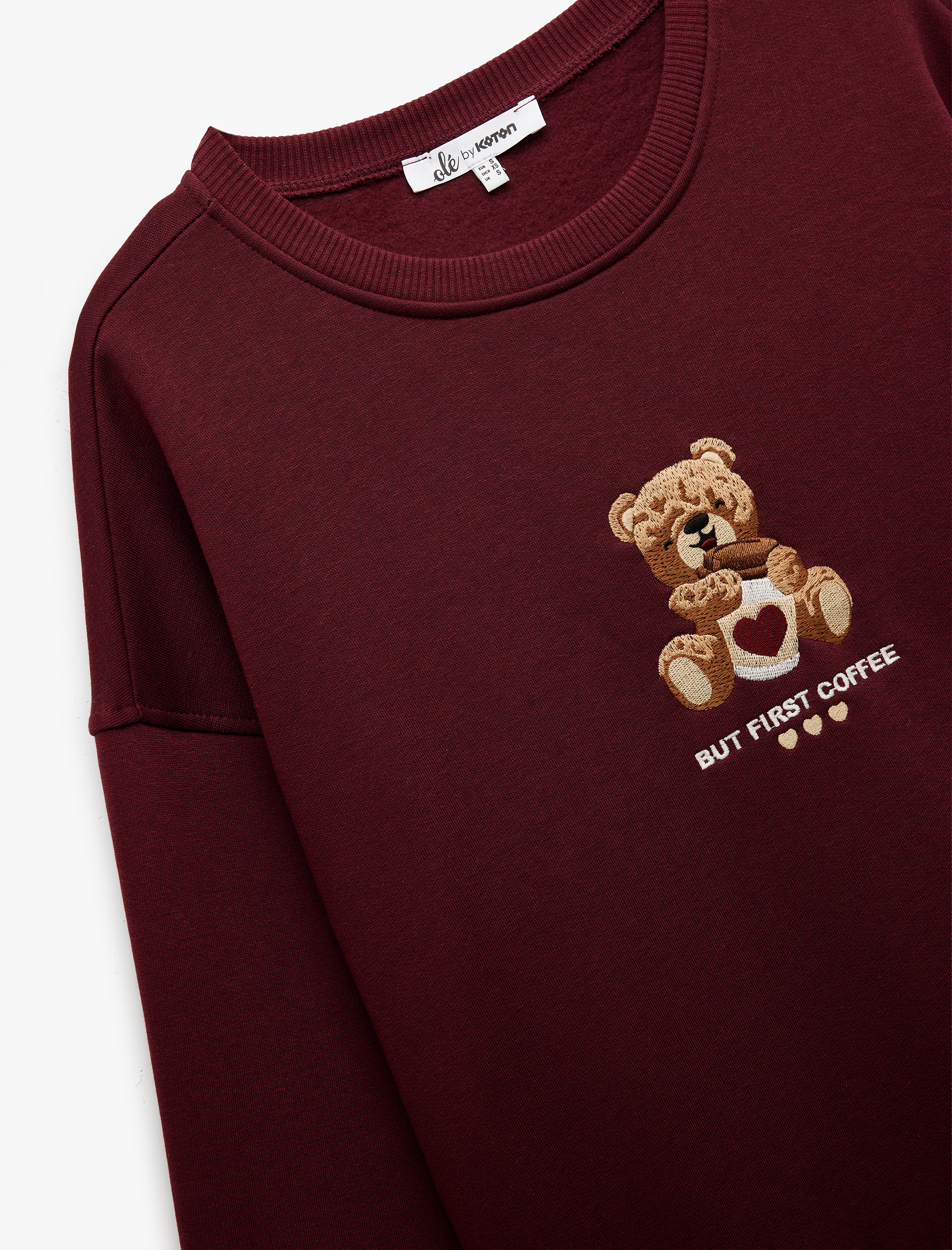   Üç İplik Şardonlu Bisiklet Yaka Ayıcık Nakışlı Oversize Sweatshirt