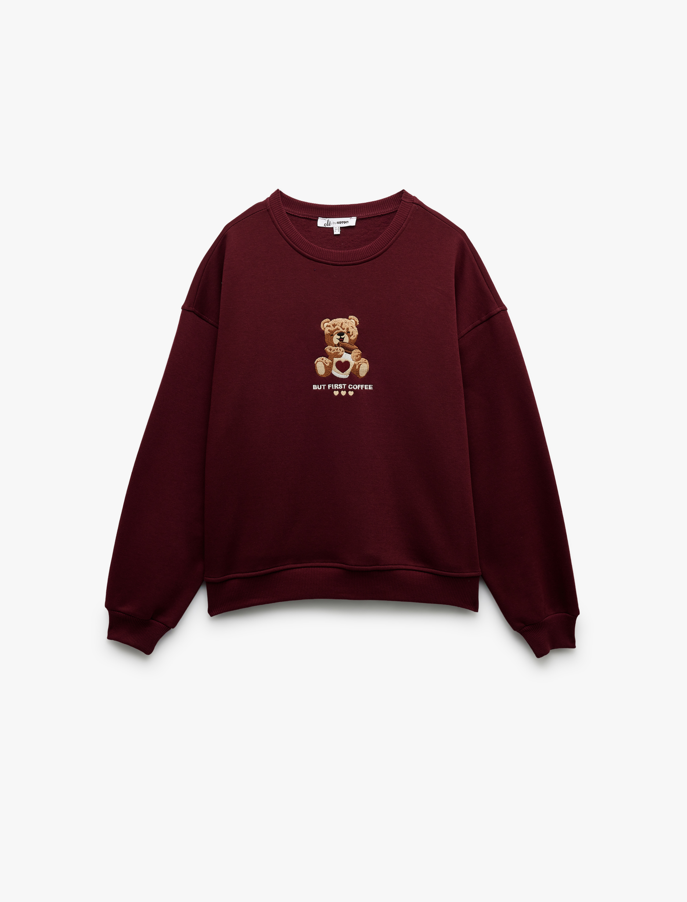   Üç İplik Şardonlu Bisiklet Yaka Ayıcık Nakışlı Oversize Sweatshirt