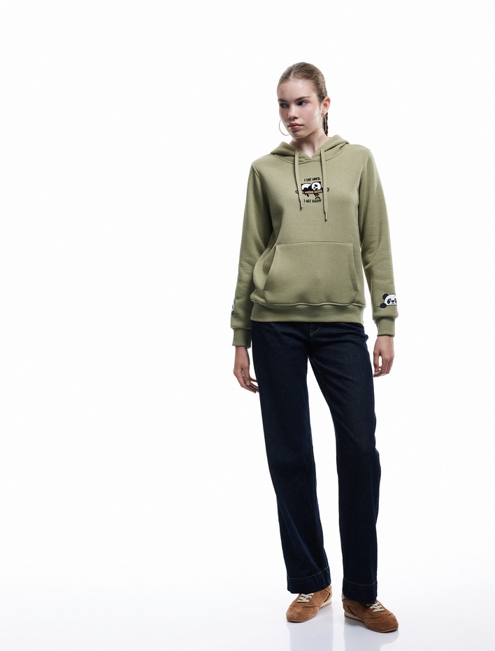  Panda Baskılı Şardonlu Kanguru Cepli Kapüşonlu Sweatshirt