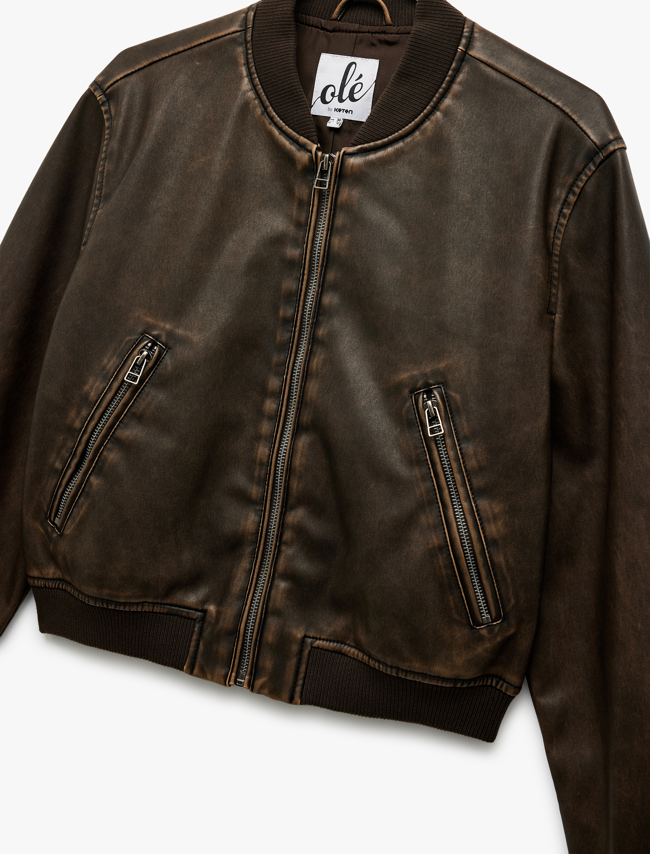   Uzun Kollu Fermuarlı Cepli Suni Deri Bomber Ceket