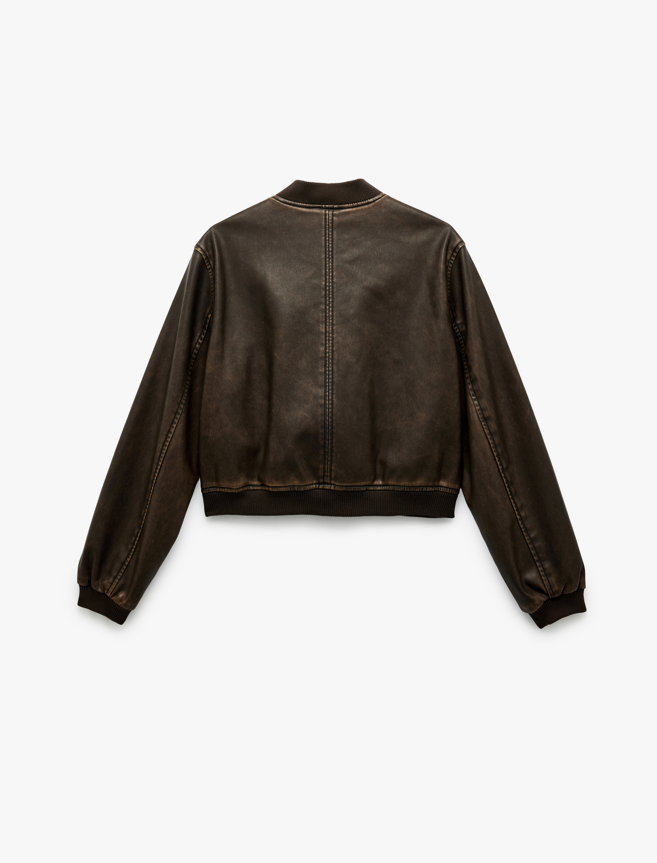   Uzun Kollu Fermuarlı Cepli Suni Deri Bomber Ceket