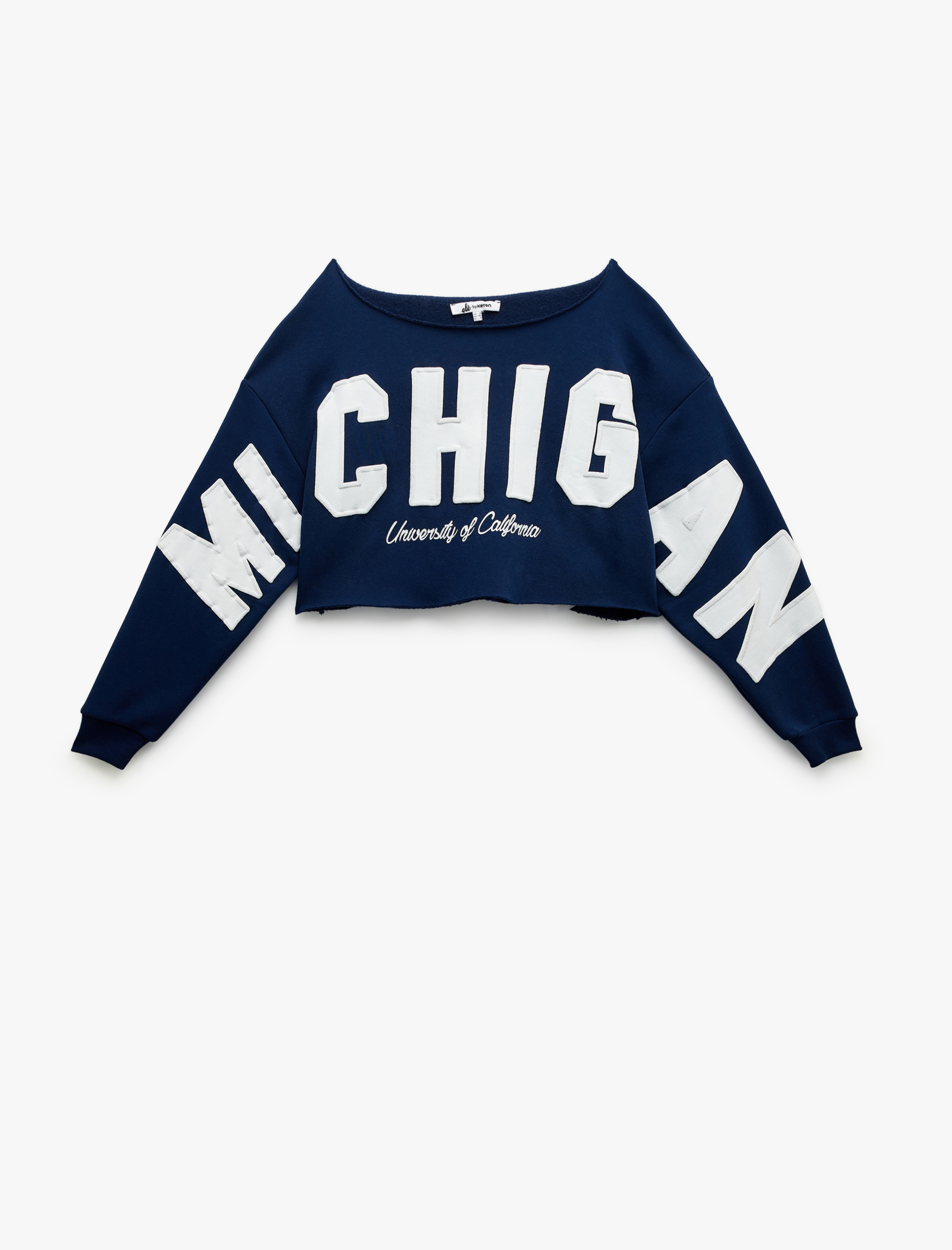   Üç İplik Şardonlu Uzun Kollu Kayık Yaka Baskılı Crop Sweatshirt