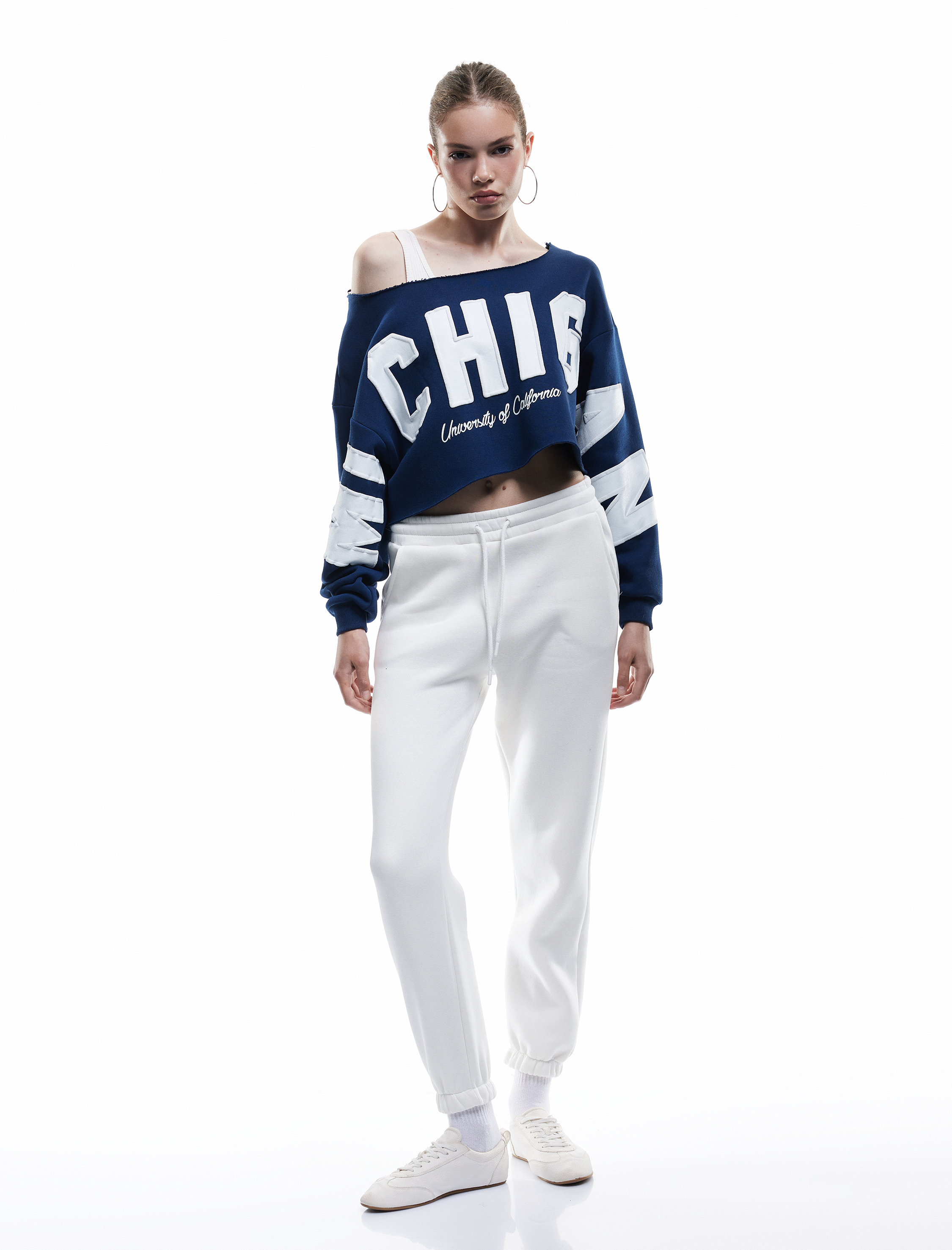   Üç İplik Şardonlu Uzun Kollu Kayık Yaka Baskılı Crop Sweatshirt