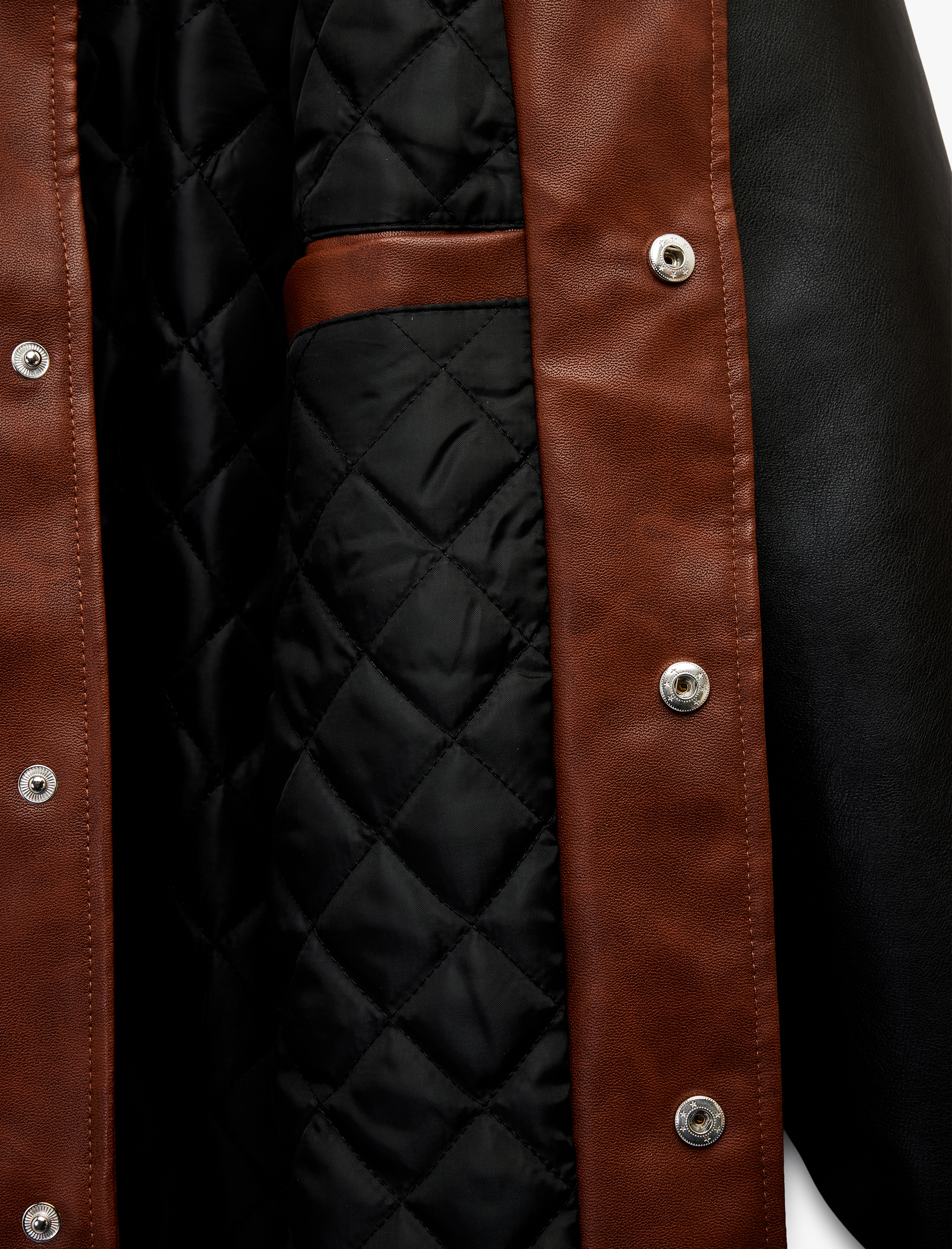   Peluş Yaka Renk Bloklu Çıtçıt Düğmeli Cep Detaylı Suni Deri Bomber Ceket