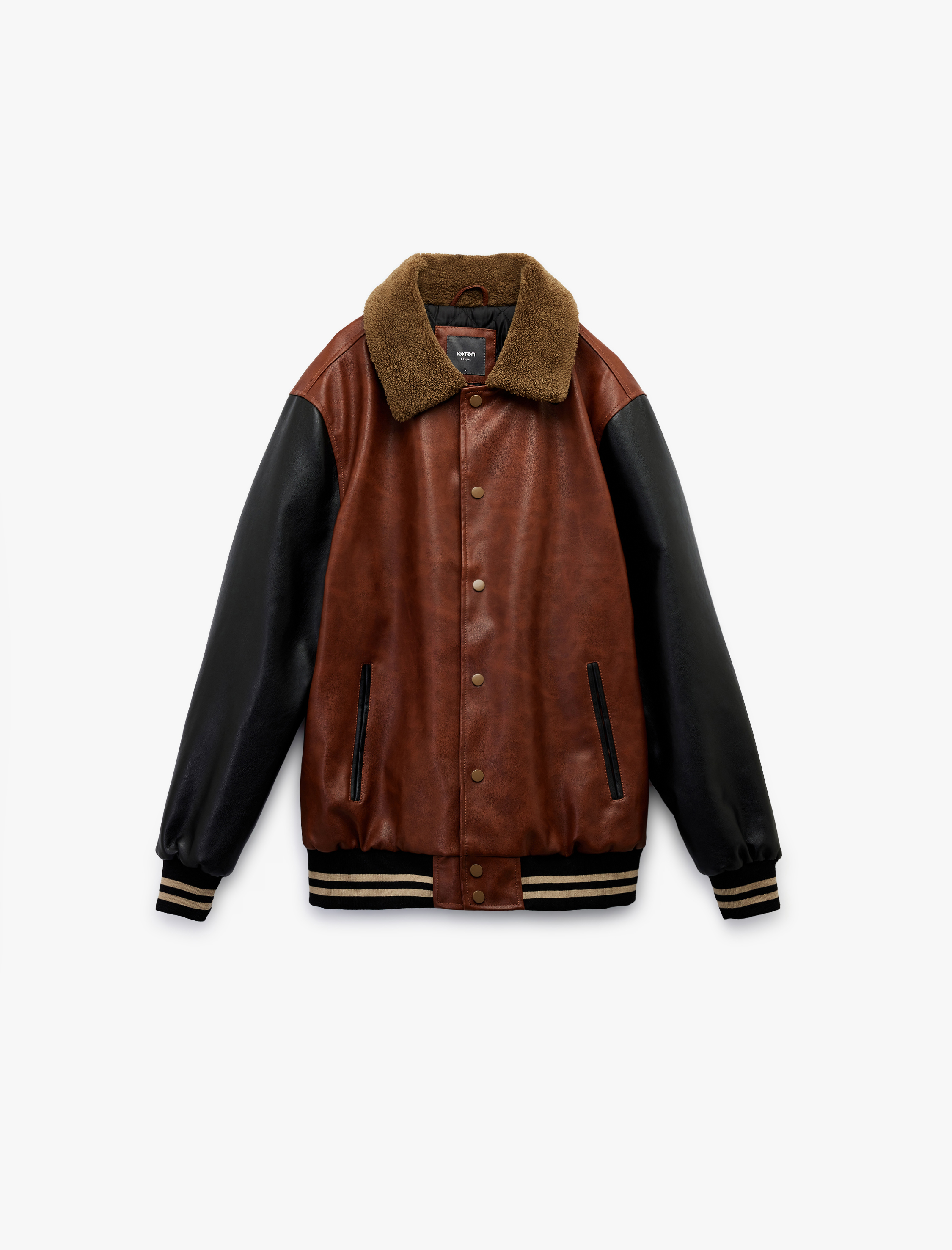   Peluş Yaka Renk Bloklu Çıtçıt Düğmeli Cep Detaylı Suni Deri Bomber Ceket